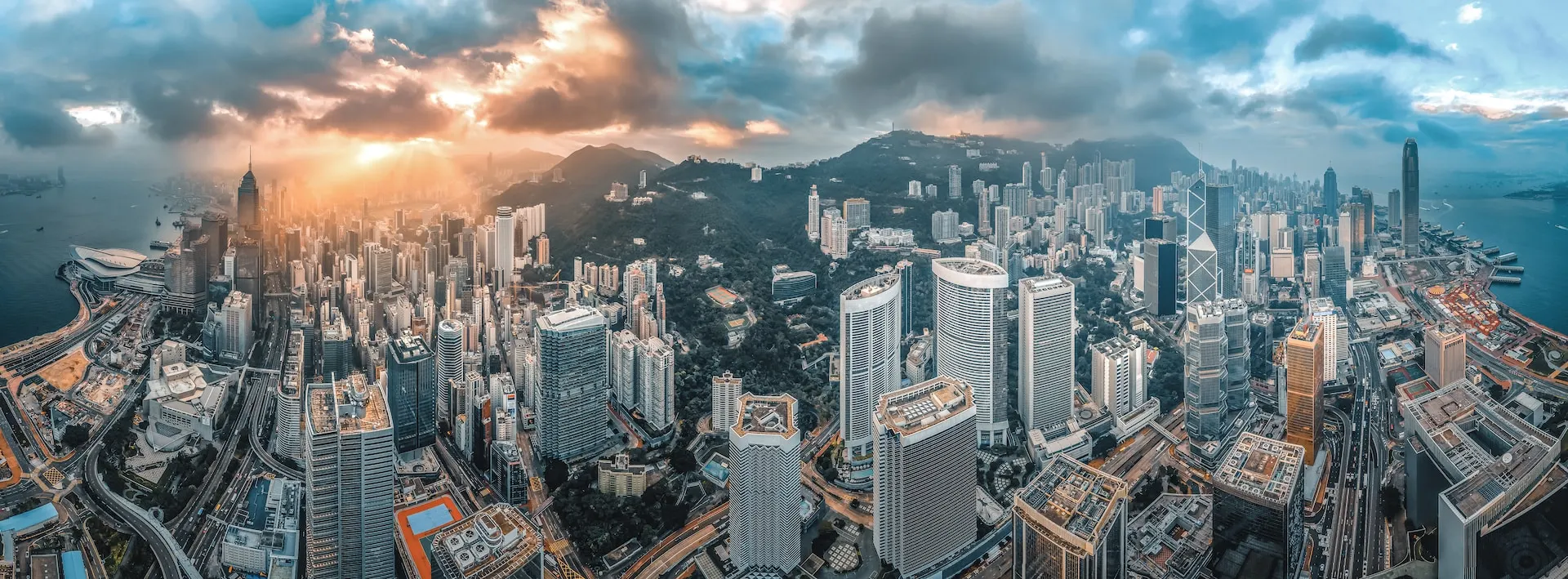 aerial view of buildings from Hong Kong Island from during sunrise